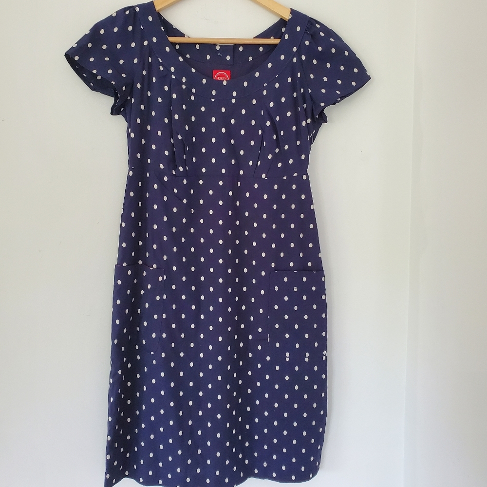 JOULES 6 Navy Blue White Polka Dot SS Shift Dress Pockets Zip Preppy Nautical